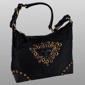 Prada Tessuto Nylon Patent Leather Shoulder Bag Grommet Triangle Logo Italy